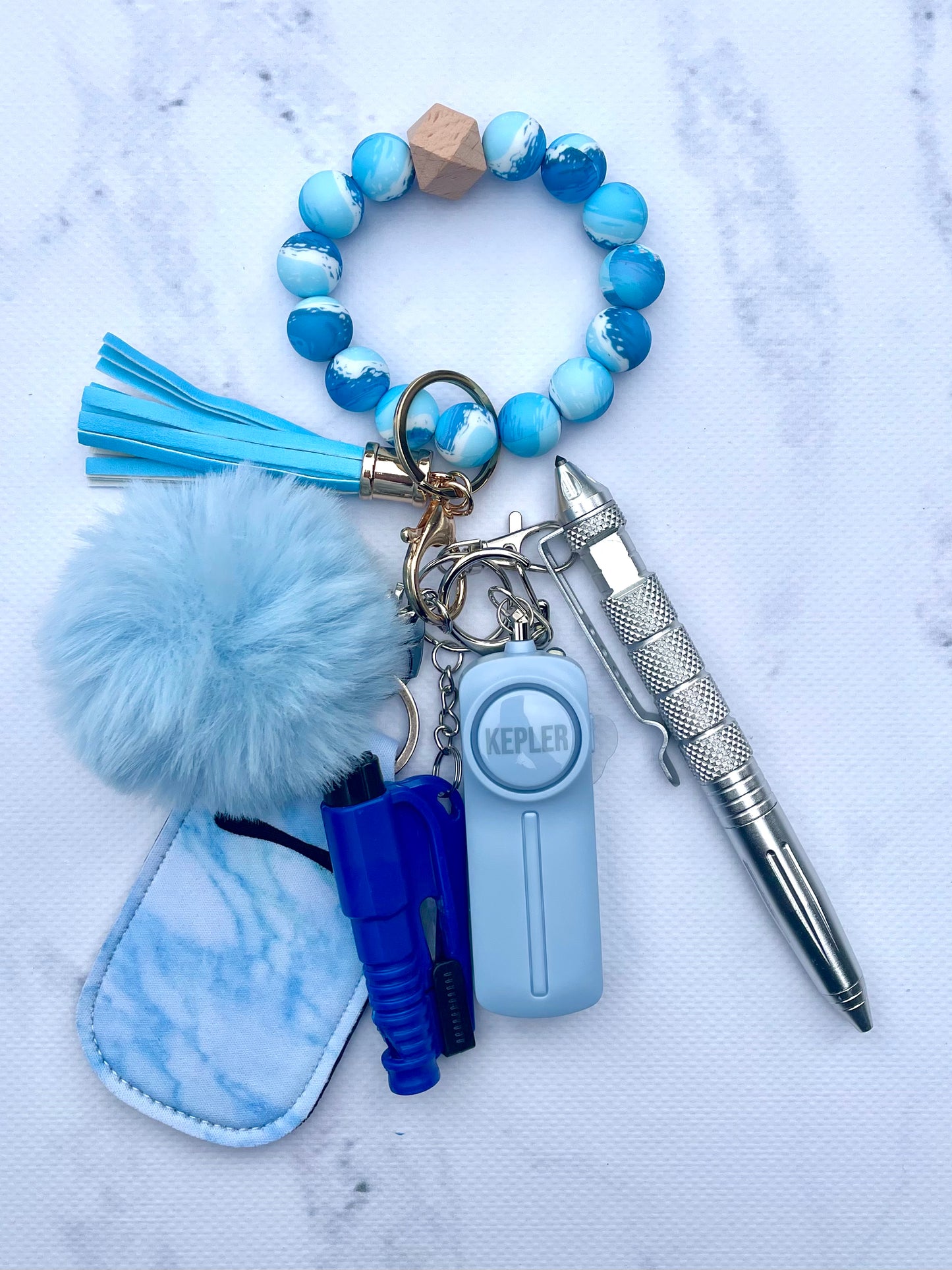 Safety Keychain I Blue Ocean Mist Beaded