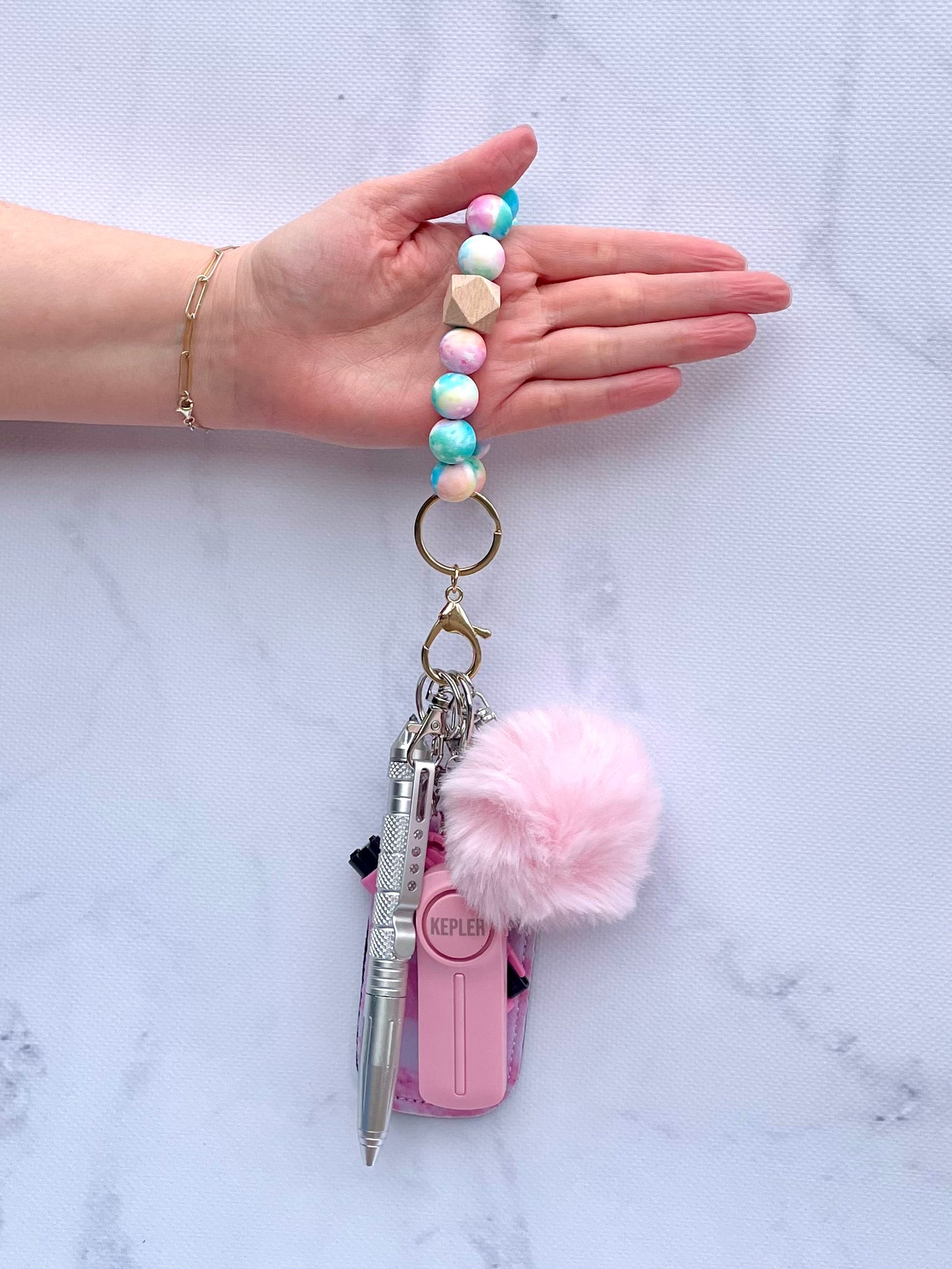 Safety Keychain I Pink Pastel Aura Beaded