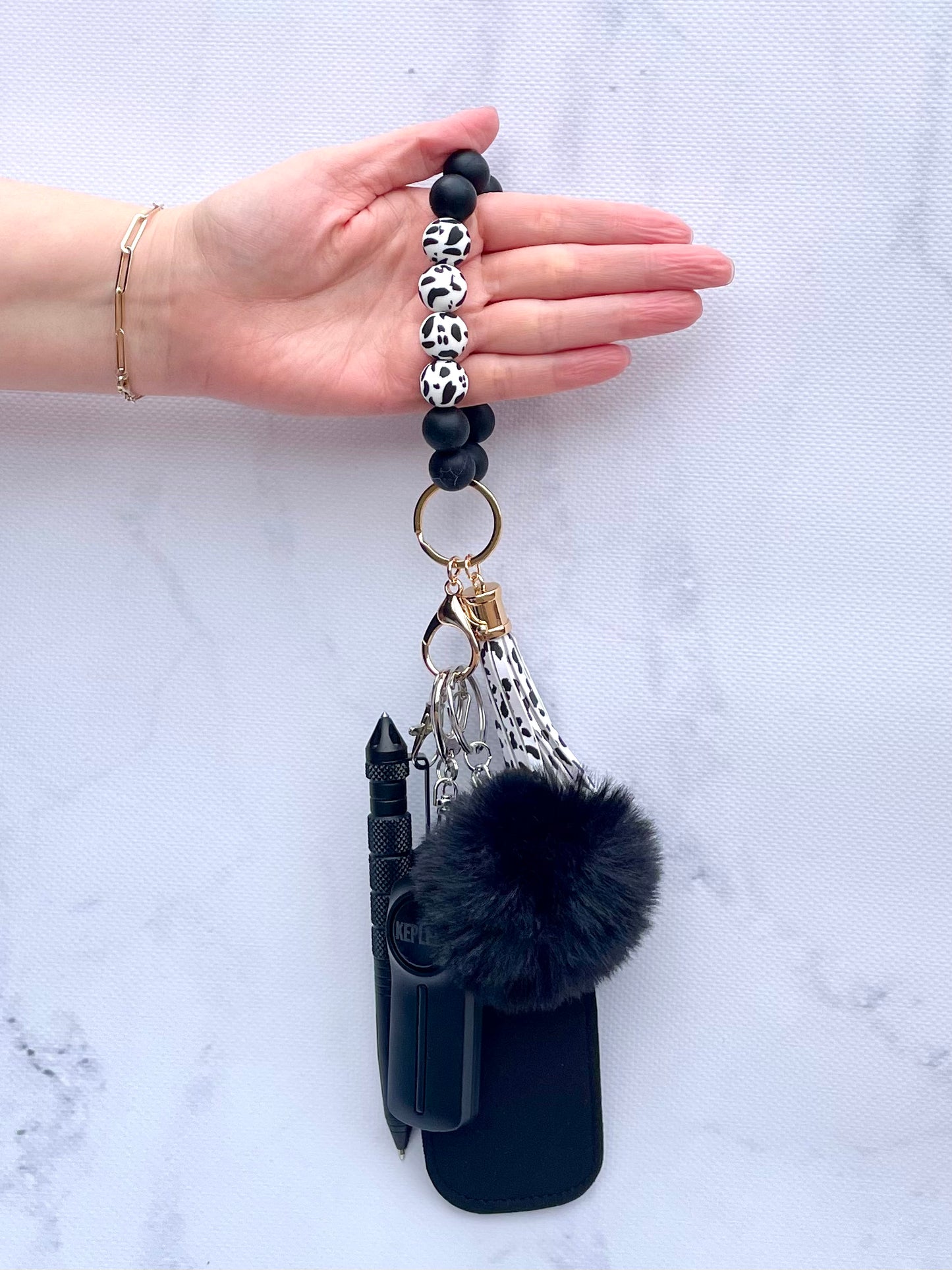 Safety Keychain I Black Cow Print Beaded