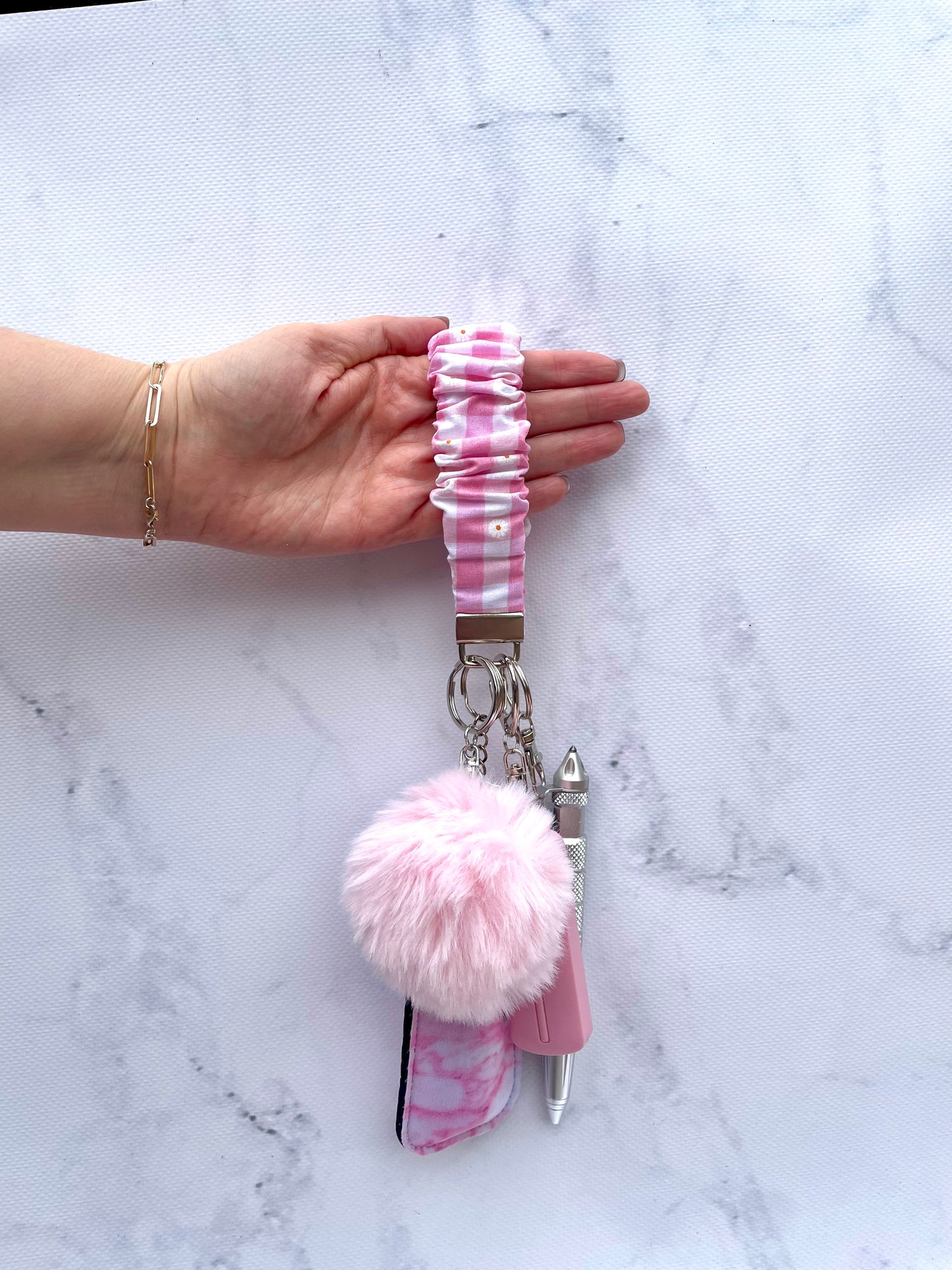 Safety Keychain I Pink Checkered Scrunchie